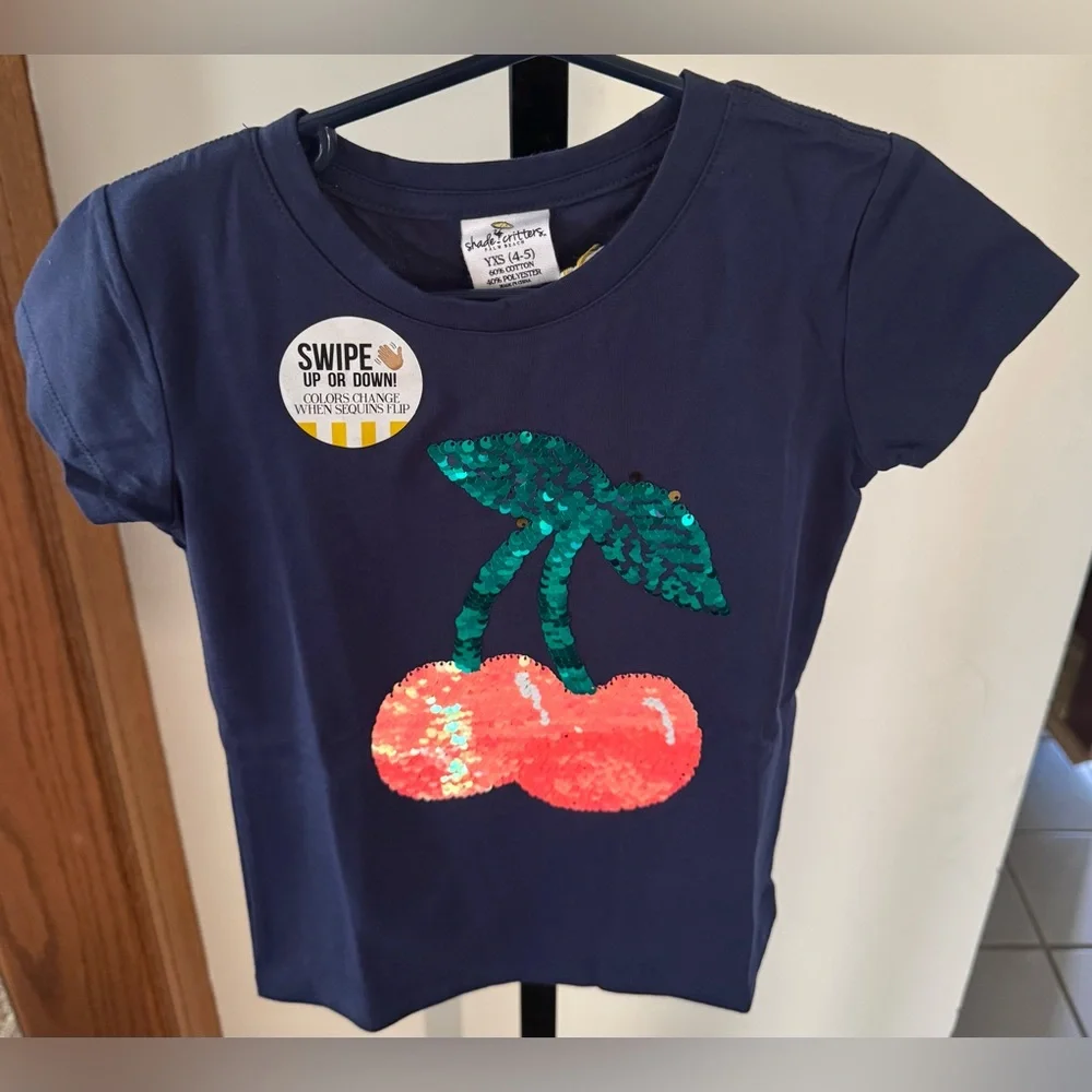 NWT Shade Critters Girls' Cherry Sequin T-Shirt in Navy Sz. YXS (4-5)